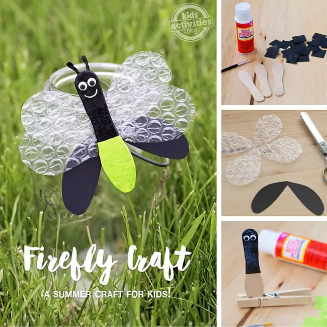 Firefly craft for kids, a black fire fly with a green bottom, and black and bubble wrap wings, and googly eyes on a jar in the grass. and craft steps.