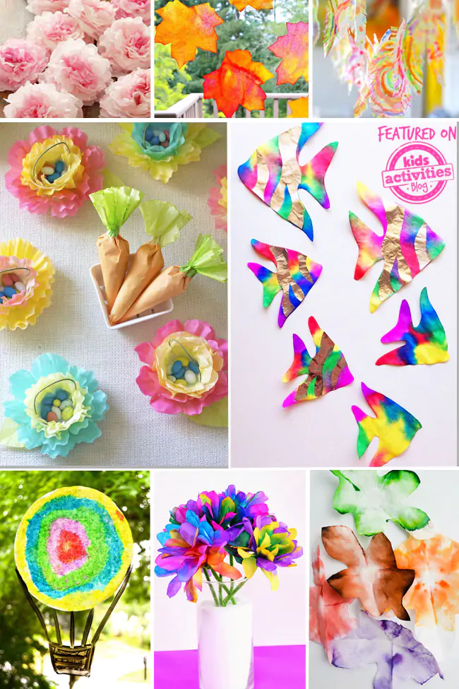 Colorful variety of coffee filter crafts & coffee filter art ideas