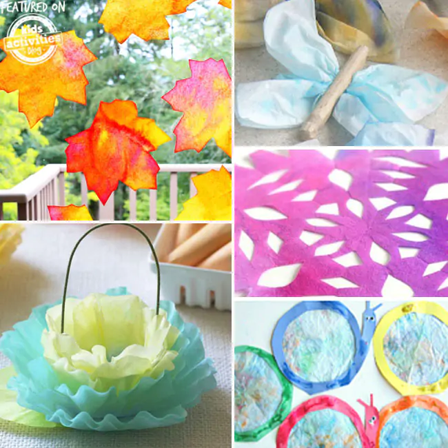 Coffee Filter Crafts - shown are coffee filter fall leaves, coffee filter cabbage, coffee filter butterflies, snowflakes and snails