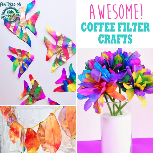 Coffee Filter Crafts with gorgeous colors - blues, purples and yellows in fish, leaves and flower bouquets