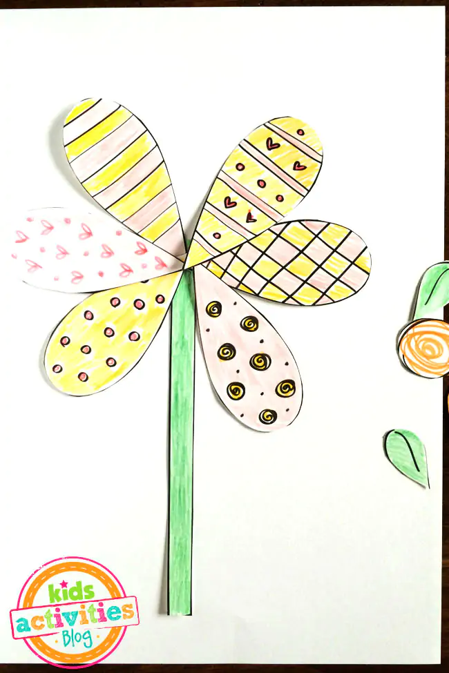 Printable Spring Flower Patterns to Color designed by Jen Goode - arrangement of cut out flower petals with pattern colored