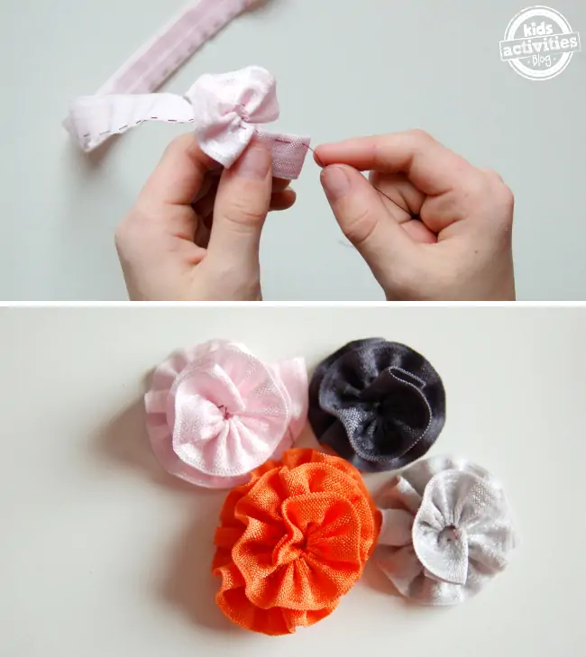 how to make ribbon flowers - easy steps - make loose stitches on one side of the ribbon, then pull thread to tighten and wind gathers into flower shapes and secure