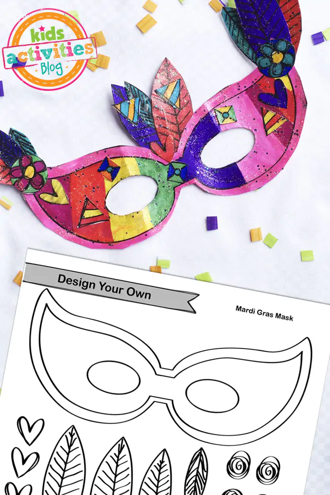 printable mardi gras masks that is pink, red, orange, yellow, green, purple, with feathers, sparkles, faux gems, glue and twine