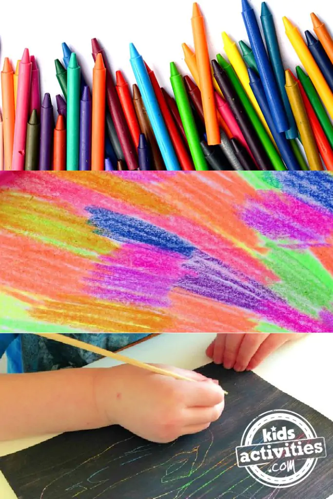 Scratch Art with Crayons Feature - Kids Activities Blog - three pictures: crayons laying on a table, colorful blocks of wax crayon color and child hand scratching black background with stylus