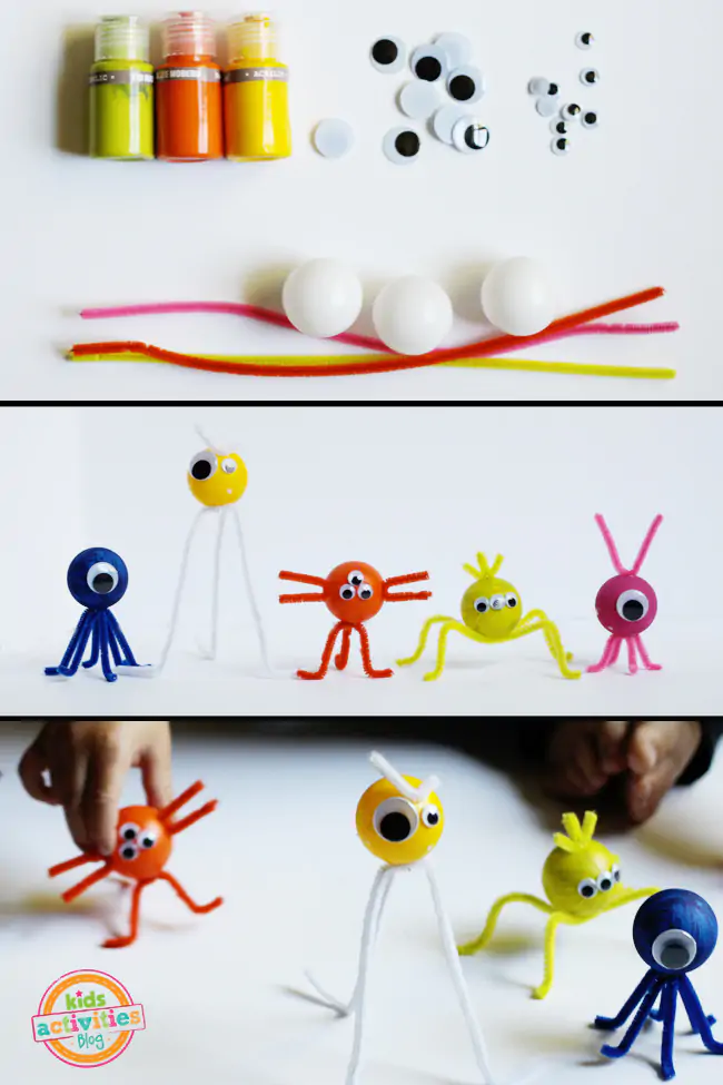 Ping pong ball monsters craft- yellow monster with a yellow pipe cleaner and google eyes, a yellow ping pong ball with white pipe cleaners, blue ping pong ball with blue pipe cleaners, and a red pipe cleaner with a red ping pong ball, ping pong ball pink with pink pipe cleaners and steps