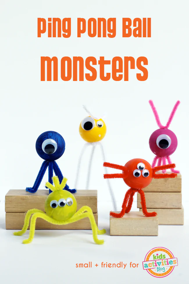 Ping pong ball monsters craft- yellow monster with a yellow pipe cleaner and google eyes, a yellow ping pong ball with white pipe cleaners, blue ping pong ball with blue pipe cleaners, and a red pipe cleaner with a red ping pong ball, ping pong ball pink with pink pipe cleaners